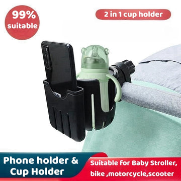 2 in 1 Baby Stroller Cup Holder For Bicycle Motorcycle Scooter ABS Material 360° Rotation Adjustable Phone Mount Coffee Holder
