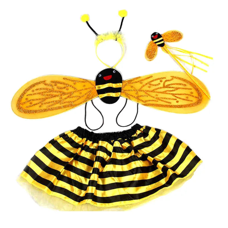 4 Piece Yellow Bee Cosplay Costume Halloween Girls Bee Antennae Headband Hairband Wings Magic Wand Funny Dress Fairy Props Set