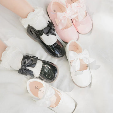 Meckior Girls Mary Jane Dress Kids Shoes Ballet Flats Non-slip Girls Party School Bowknot Children Princess Leathers Shoes