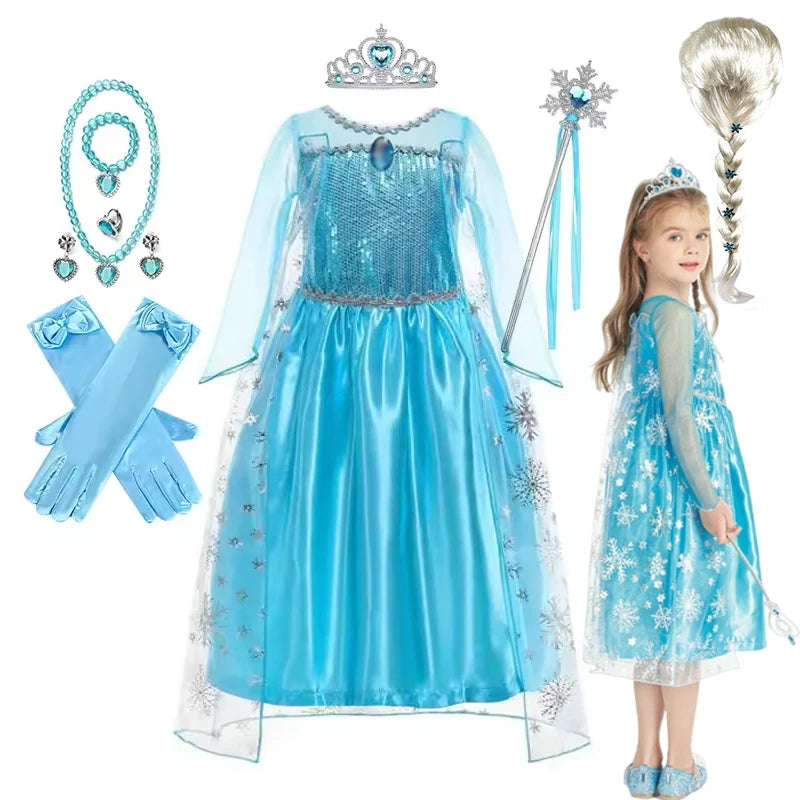 Kids Girls Cospaly Snow Queen Elsa Cape Costumes Kids Carnival Party Prom Gown Robe-Playing Children Clothes Elsa Princess Dress