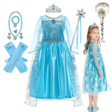 Kids Girls Cospaly Snow Queen Elsa Cape Costumes Kids Carnival Party Prom Gown Robe-Playing Children Clothes Elsa Princess Dress
