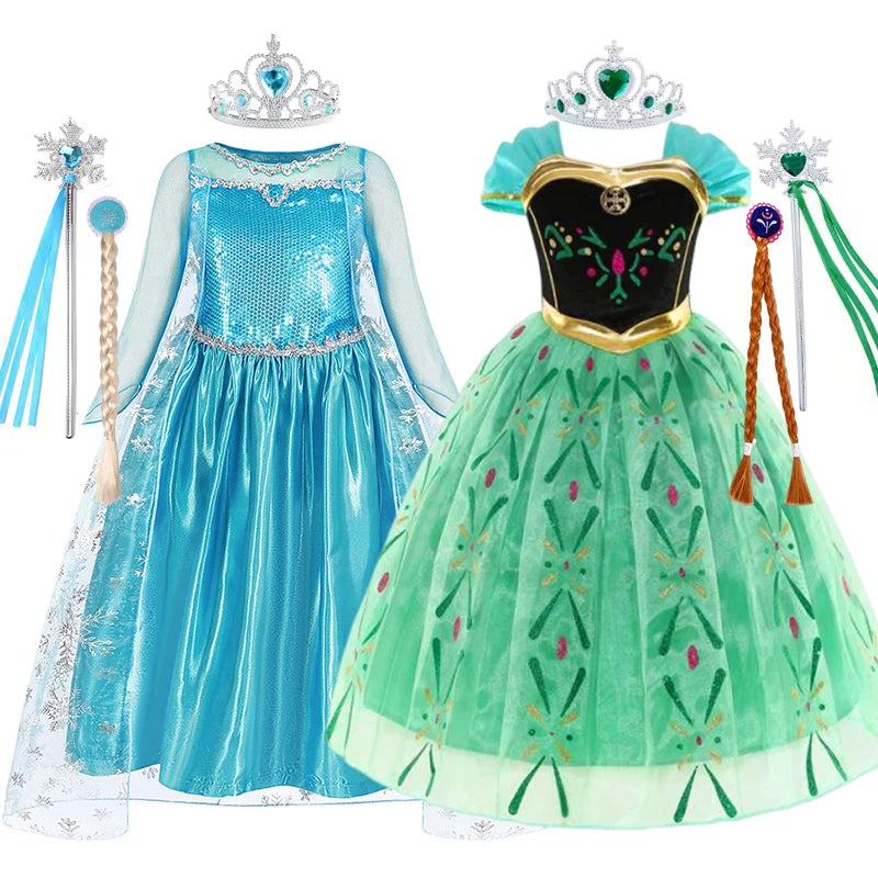 Kids Girl Cosplay Elsa Anna Princess Dress Girls Mesh Ball Gown Halloween Carnival Birthday Clothes  Snow Queen Elsa Costume 10T