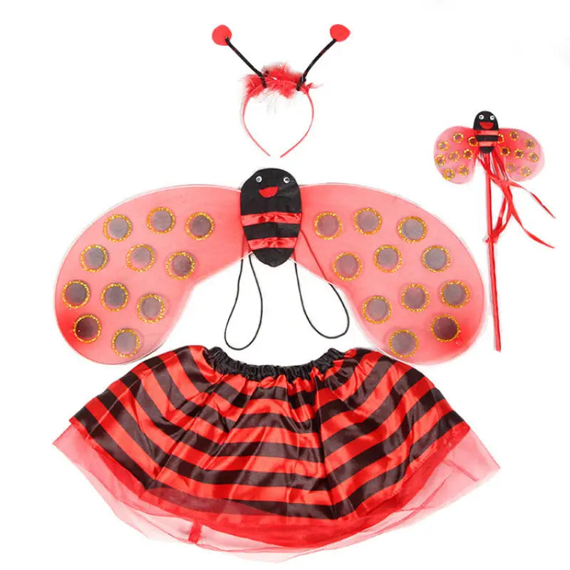 4 Piece Yellow Bee Cosplay Costume Halloween Girls Bee Antennae Headband Hairband Wings Magic Wand Funny Dress Fairy Props Set