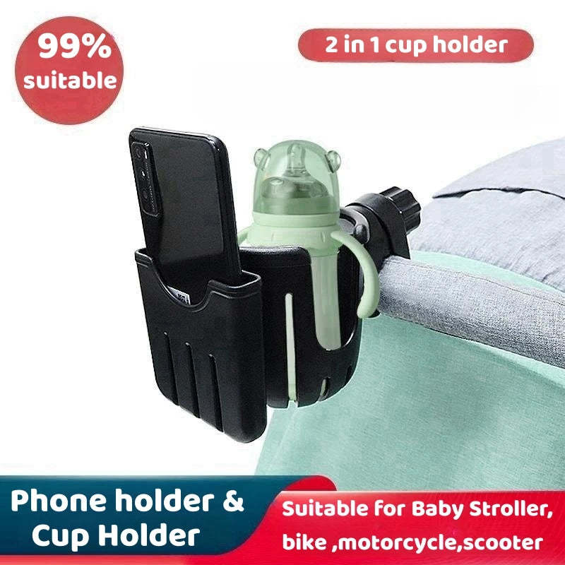 2 in 1 Baby Stroller Cup Holder For Bicycle Motorcycle Scooter ABS Material 360° Rotation Adjustable Phone Mount Coffee Holder