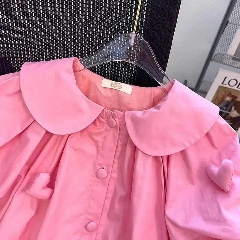 2-10 Years Summer Cute Girls Dress Heart Jewelry Decoration Flip Collar Single Row Buckle Design Dress For Girl